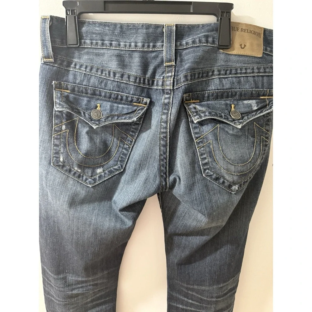 True Religion Ricky Straight Flap Jeans Men Sz 32 x 31 Blue Distress 100% Cotton